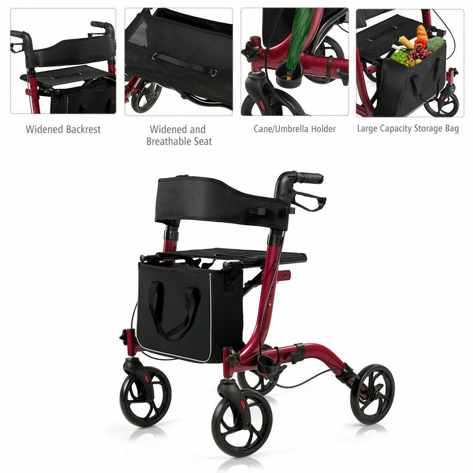 image 1 of COSTWAY Folding Rollator Walker Aluminium Mobility Aid Red