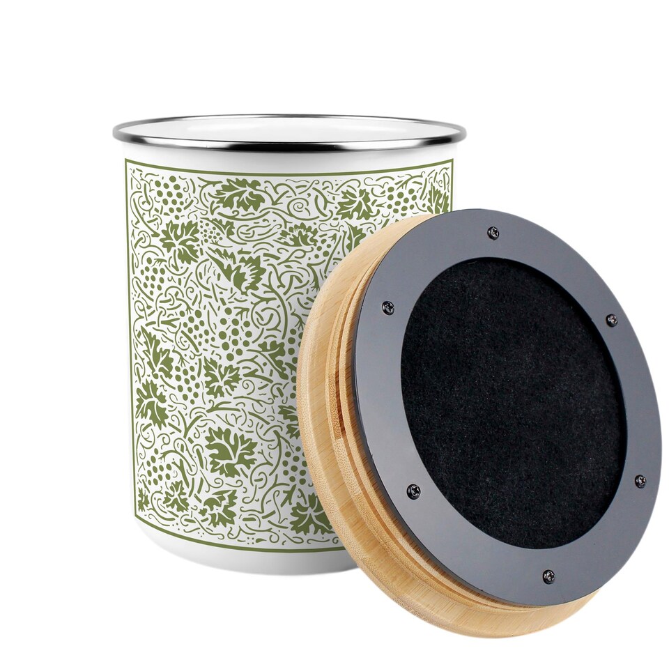 image 1 of Oak Leaves & Berries Food Waste Caddy - Metal 2L Green Decorative Kitchen Compost Bin