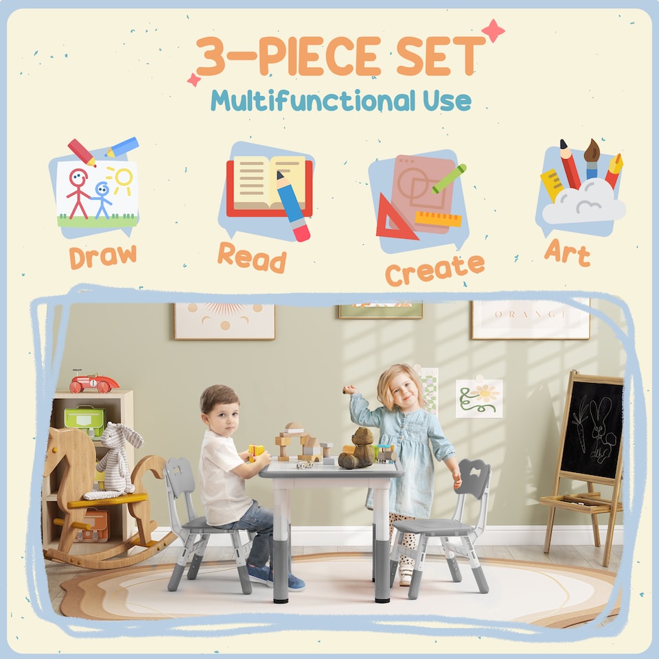 image 1 of AIYAPLAY 3 Pcs Height Adjustable Kids Table and Chair Set for Playroom - Grey