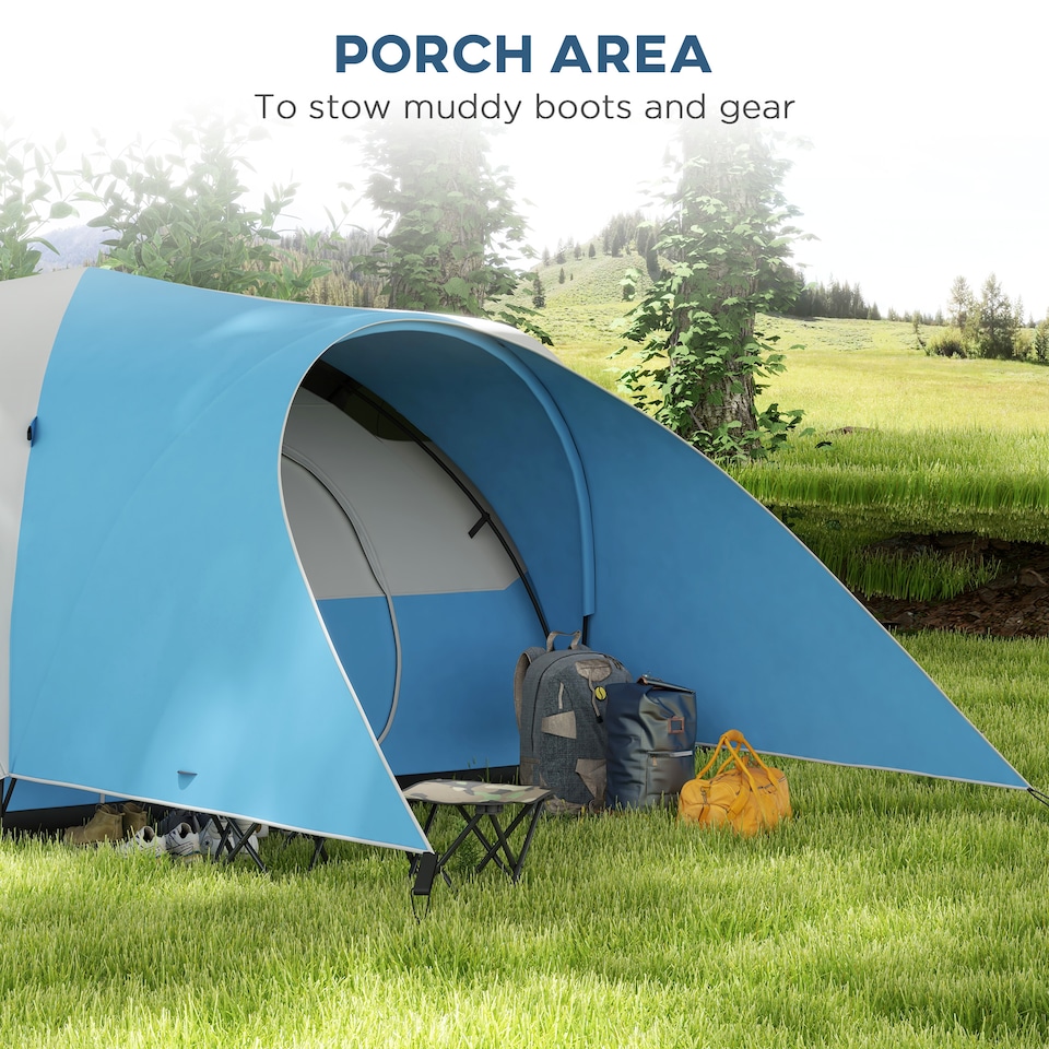 image 1 of Outsunny 3000mm Waterproof Camping Tent with Porch & Sewn in Groundsheet, Blue
