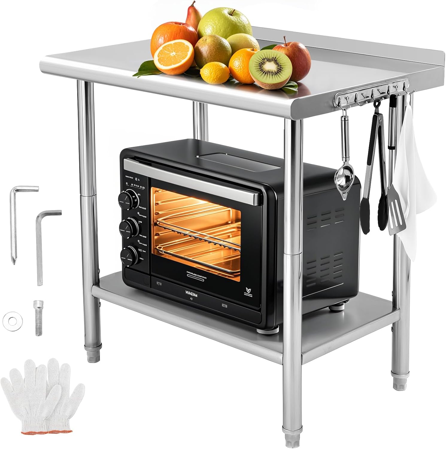London Boutique Stainless Steel Prep Work Table, Commercial Table with Adjustable Undershelf, Curved Edges, Backsplash and Hooks, 30 x 24 x 35 in