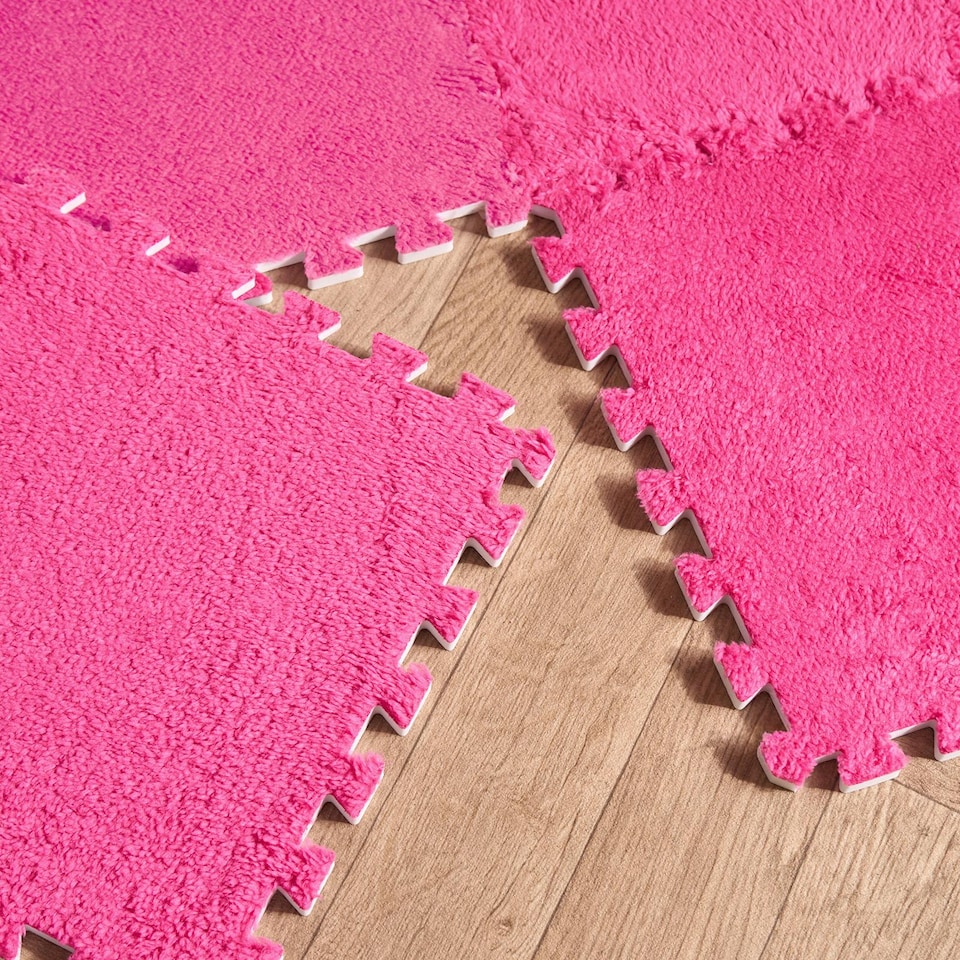 image 1 of OHS 9 x Teddy Fleece Interlocking Foam Floor Tiles Yoga Kids Mat Carpet | Pink | Hot Pink