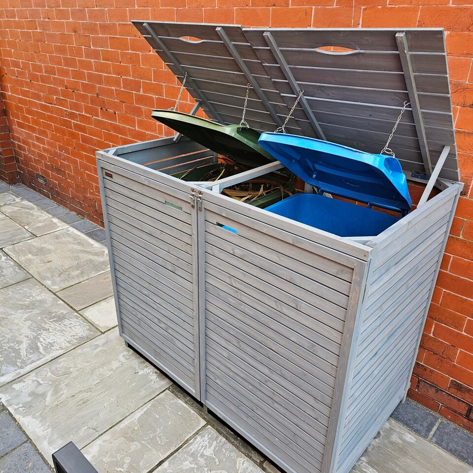 image 1 of 1.35m x 1.14m Large Grey Wooden Outdoor Garden Double Wheelie Bin Store Storage for 2 Bins