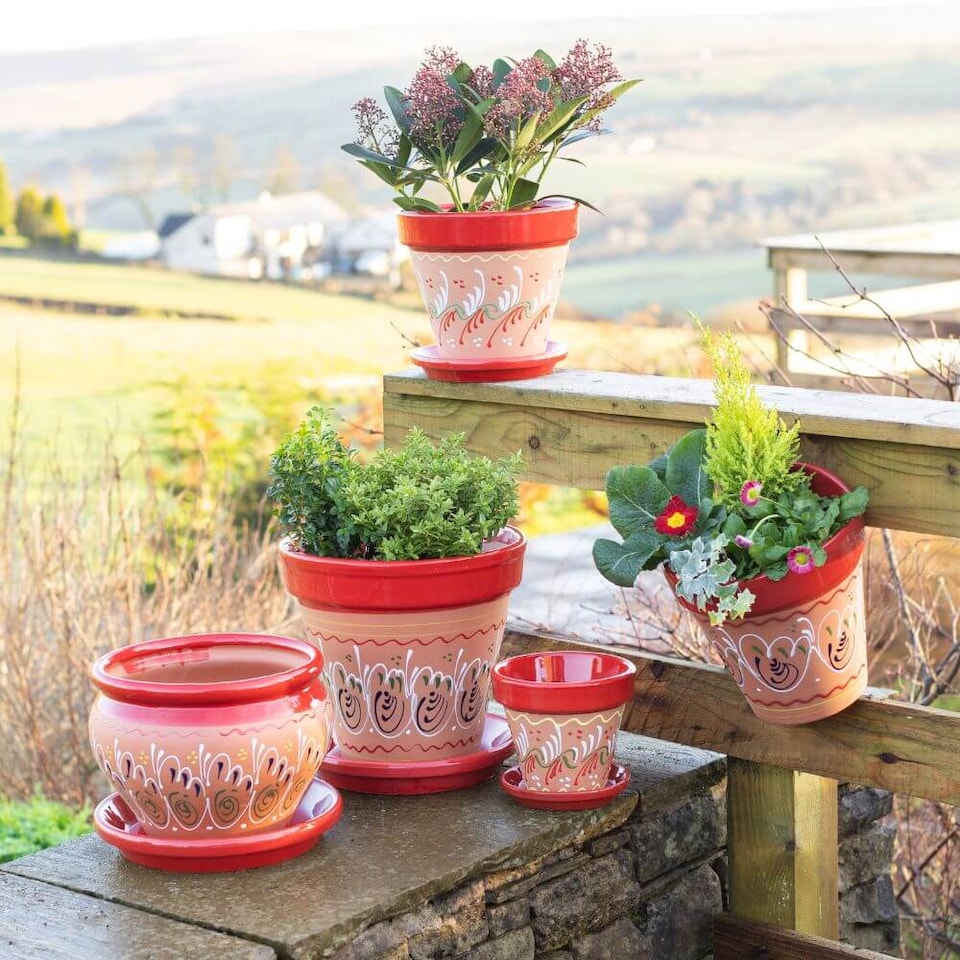 image 1 of Verano Spanish Ceramics Set of 3 Plant Pots & Drainage Plates - 16-29cm Inca Red