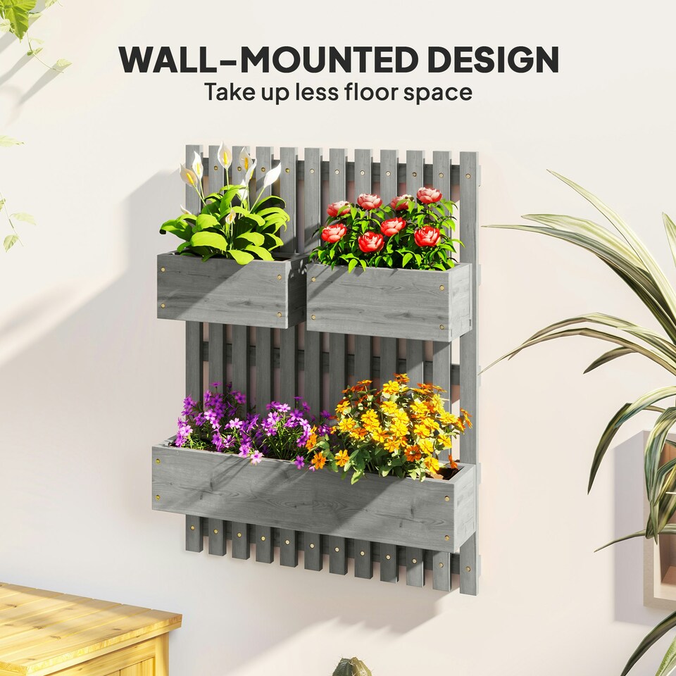 image 1 of Outsunny Wooden Garden Planters with Trellis Wall-mounted Raised Bed Grey