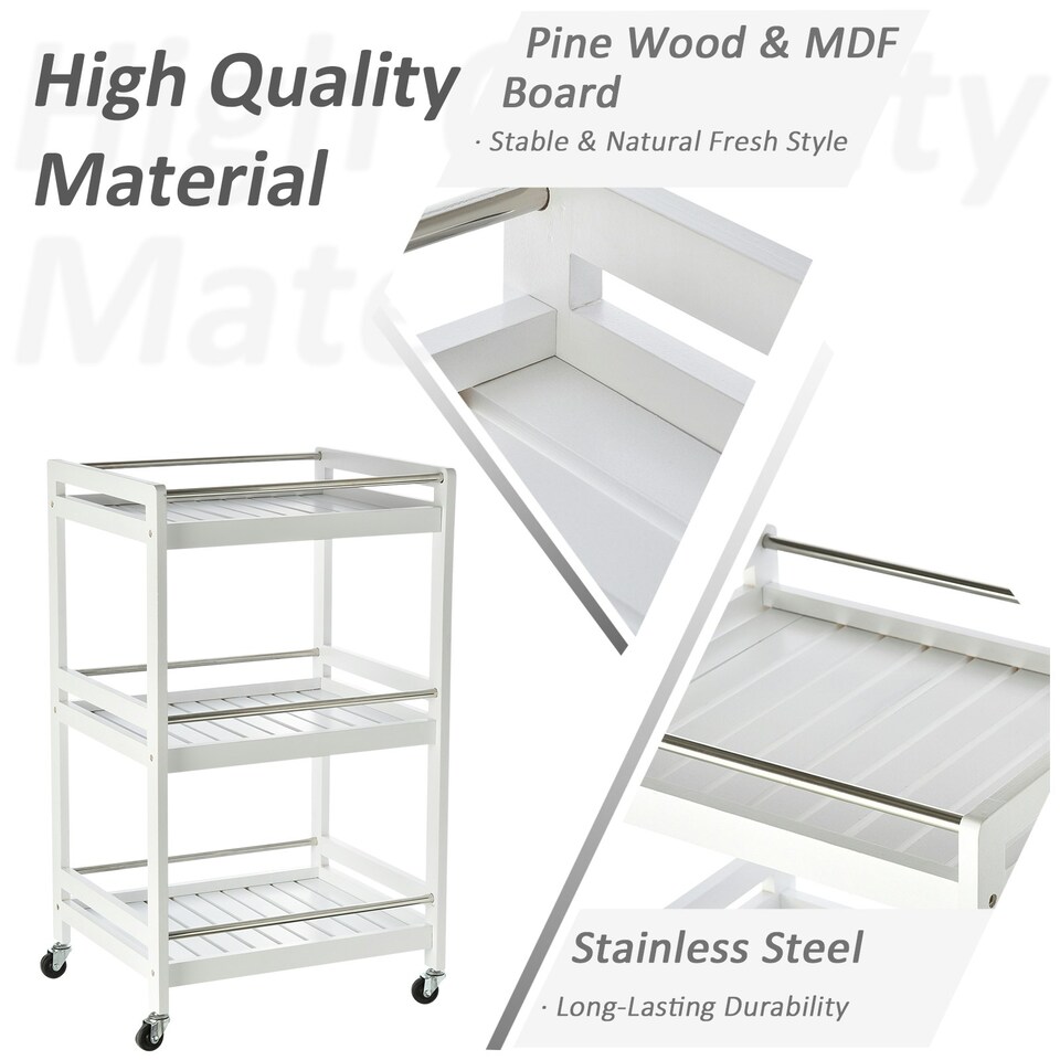 image 1 of HOMCOM 3-Tier Home Trolley Kitchen Storage w/ Steel Bars 4 Wheels Rolling White
