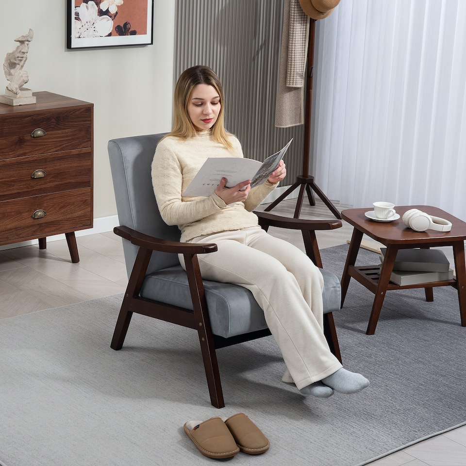 image 1 of HOMCOM Nordic Accent Chair, Upholstered Velvet Armchair with Solid Wood Frame and Soft Thick Padded for Living Room, Bedroom, Grey | Grey | Grey