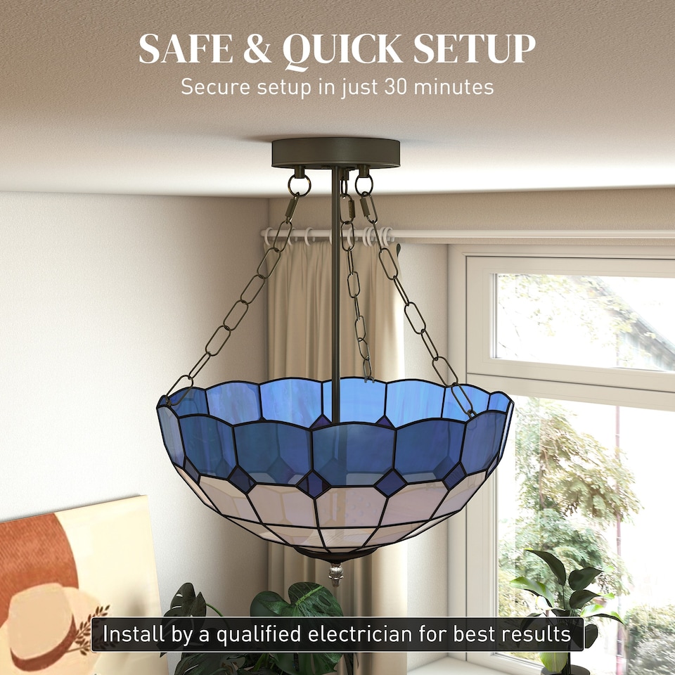 image 1 of HOMCOM Ceiling Light, Vintage Tiffany Style Chandelier with 3 E27 Sockets | Blue