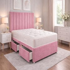 5FT Kingsize Pink Plush Divan Bed With Panel 26inch Headboard and Orthopeadic Mattress 2 Drawers Same Side