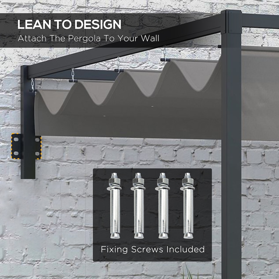 image 1 of Outsunny 2 x 3m Lean To Pergola with Retractable Roof, Wall Mounted Garden Gazebo Outdoor Sun Shade Shelter for Patio, Deck, Dark Grey