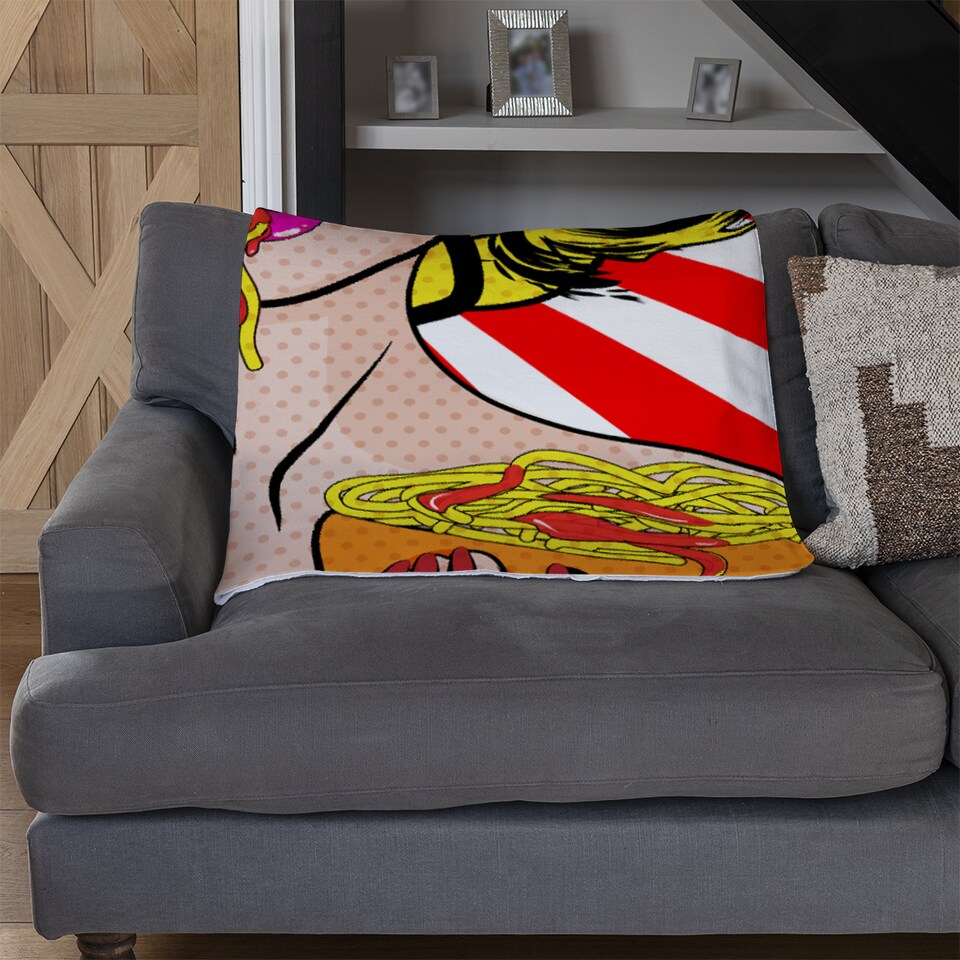 image 1 of Pop Art Young woman Eating Spaghetti Designer Blanket | Multi