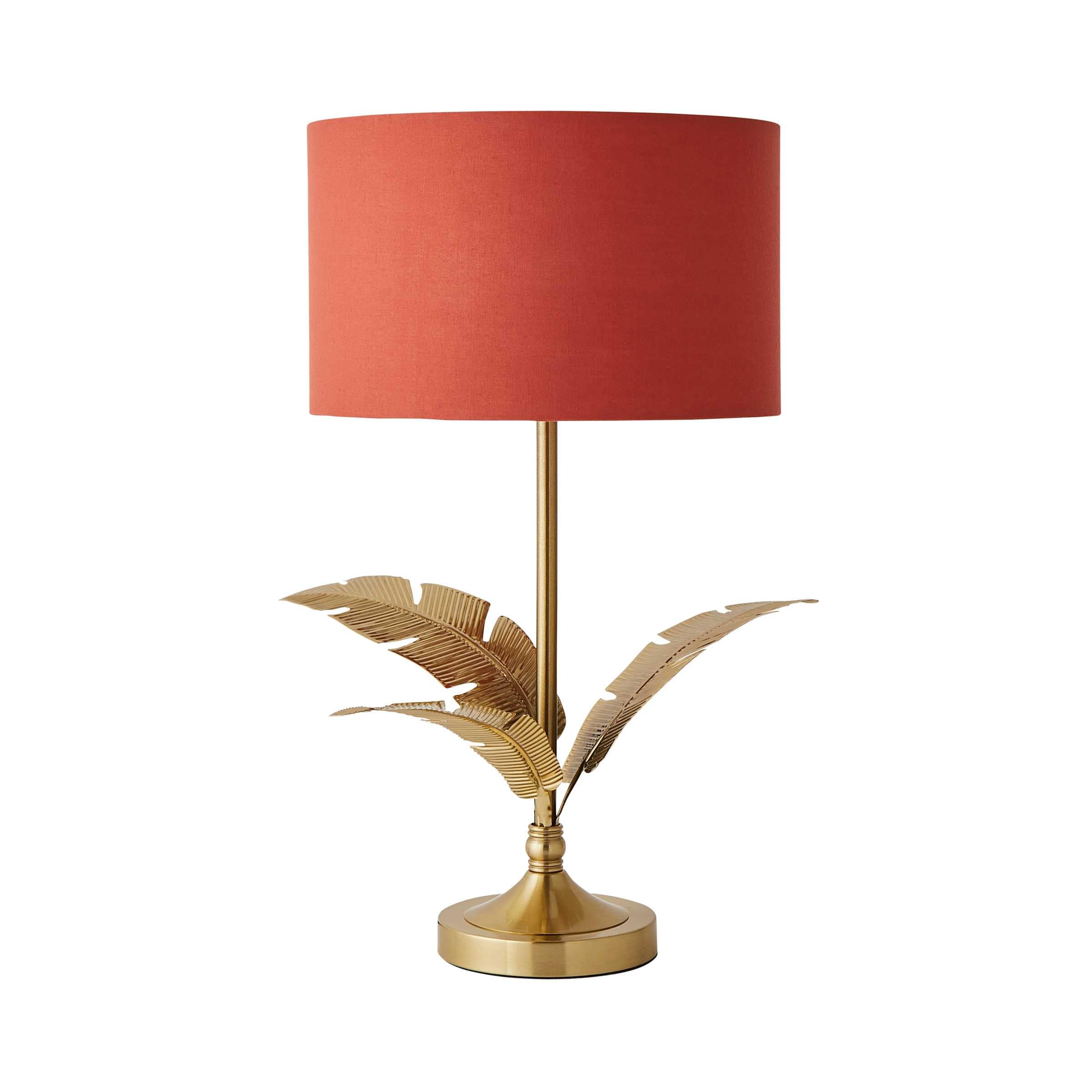 ValueLights Christina Fabric Drum Shade Gold Palm Leaf Table Lamp with LED Bulb in Burnt Orange