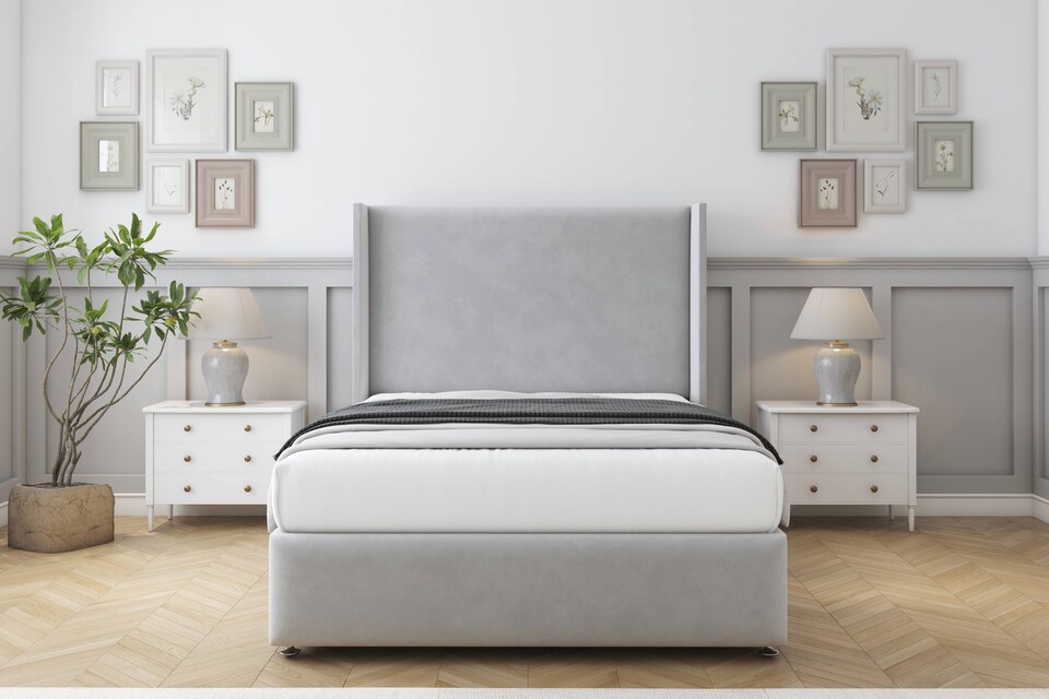 image 1 of Sloomy Stratford Silver Plush Divan Bed With Mattress No Drawers With 54" Wingback Headboard & 12" Matching Footboard 5' King | Silver | Silver | King | 1
