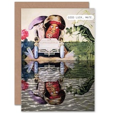 Mushroom Car Ride Grasshopper Clover Trippy Good Luck Card