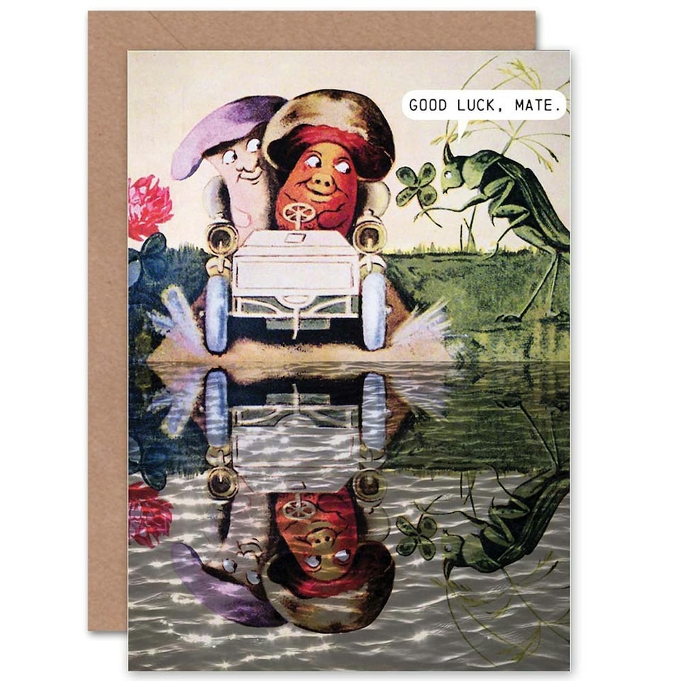 image 1 of Mushroom Car Ride Grasshopper Clover Trippy Good Luck Card