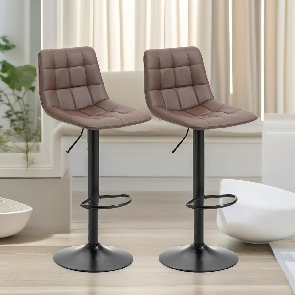 image 1 of 2PC Adjustable Height 360 Swivel Barstools Set With Shell Backrest Brown Brown