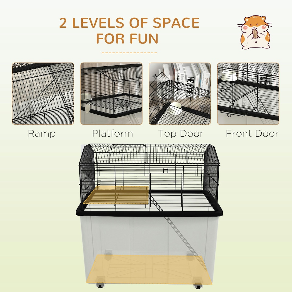 image 1 of PawHut Hamster Cage, Two-Tier Gerbil Cage w/ Deep Bottom, Ramp, Food Dish