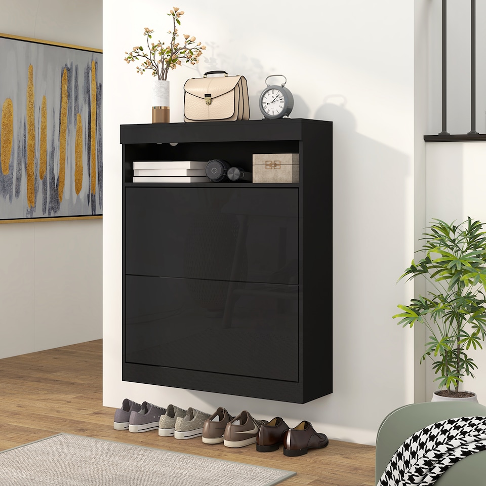 image 1 of HOMCOM Narrow Shoe Cabinet, Wall Mounted or Freestanding Shoe Storage Cabinet with 2 Flip Drawers and Open Shelf for 12-16 Pairs of Shoes for Entryway, High Gloss Black