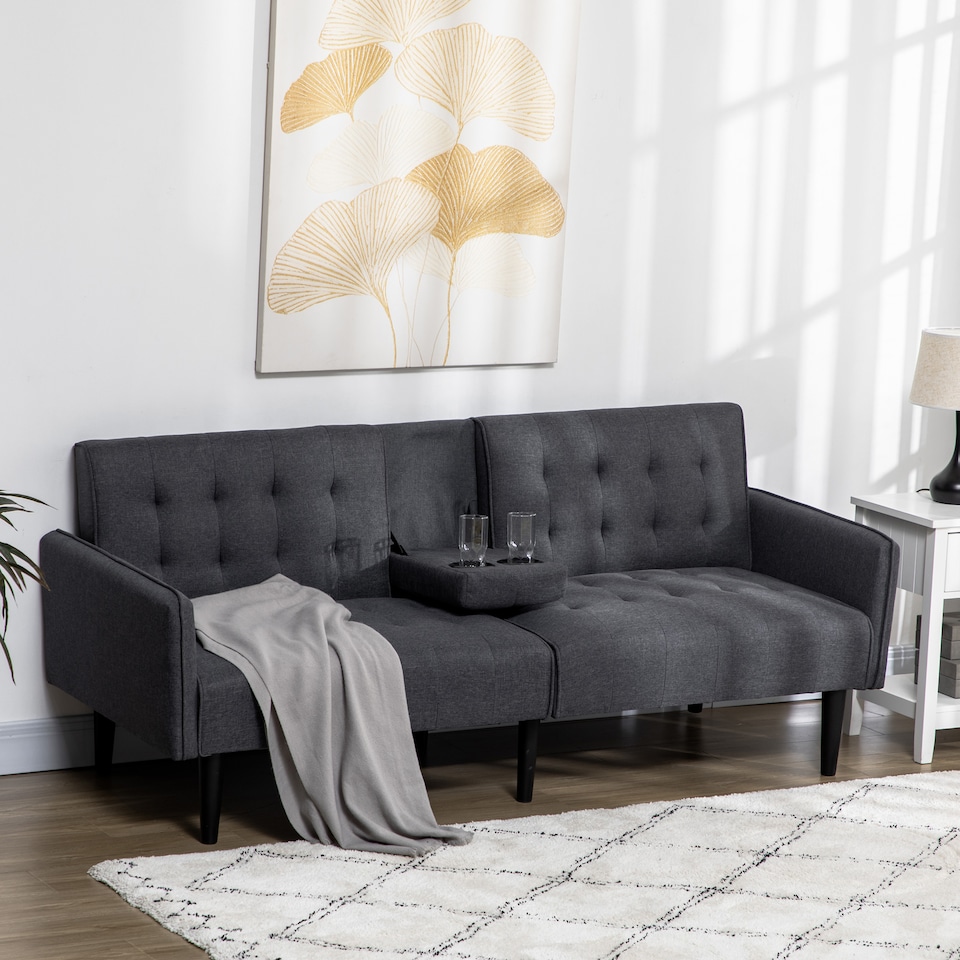 image 1 of HOMCOM Click Clack Sofa Bed, Linen-Feel Fabric 3 Seater Sofa for Living RoomSpare RoomGuest Room, Bed Settee with Cup Holders, Grey