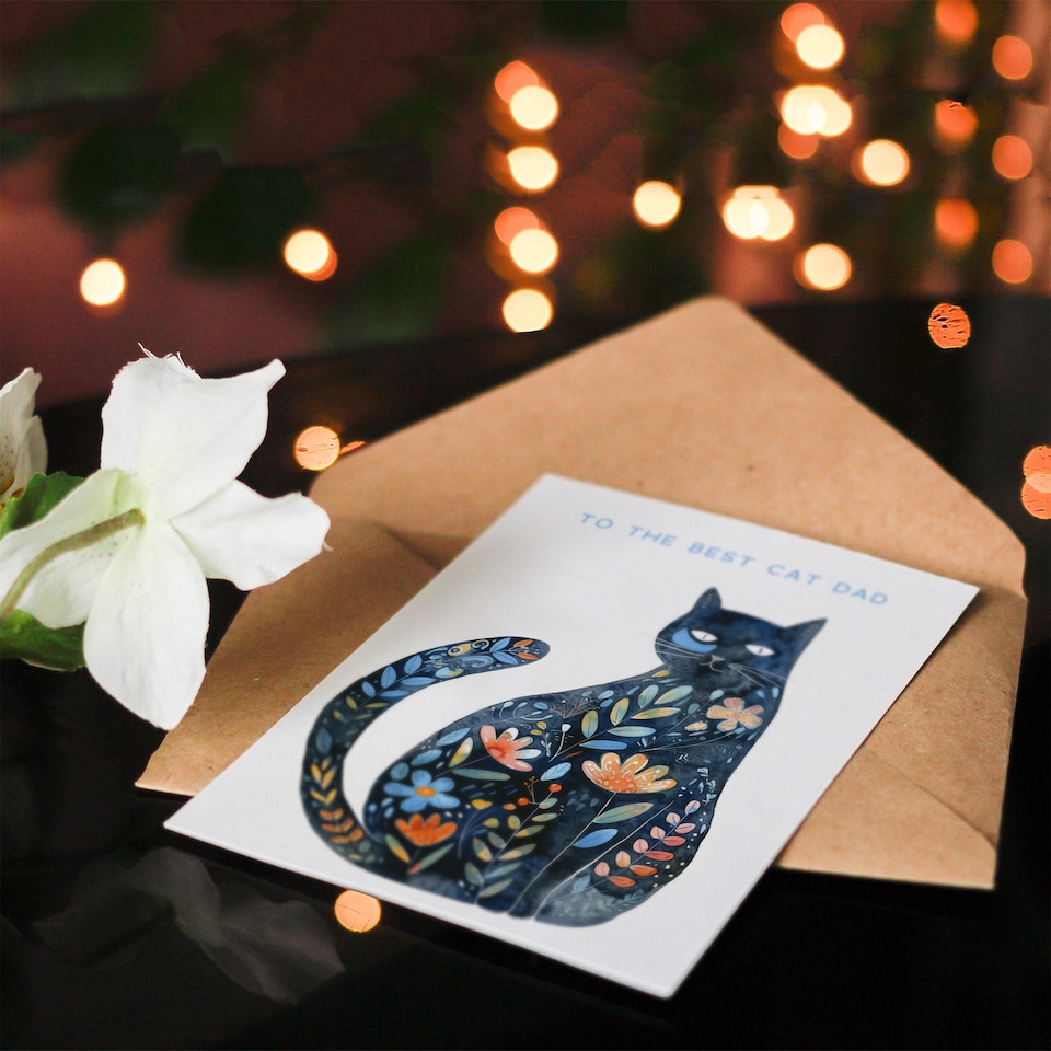 image 1 of Best Cat Dad Floral Pattern Fur Pet Folk Art Birthday Card