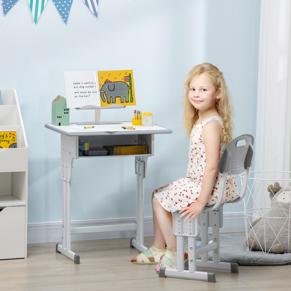 image 1 of HOMCOM Kids Desk and Chair Set Adjustable Height Study Table Set w Drawer | Grey