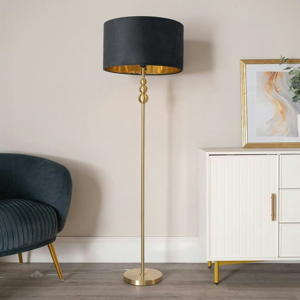 image 1 of ValueLights Marissa Gold Stacked Ball Floor Lamp with Black Velvet with Gold Inner Shade