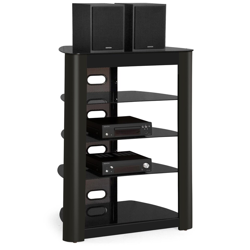 image 1 of Centurion Supports Zinnia 5-Shelf Black Glass with Gloss Black Fascia Flat Screen TV/Hi-Fi/AV Rack Glass Stand | Black | 1