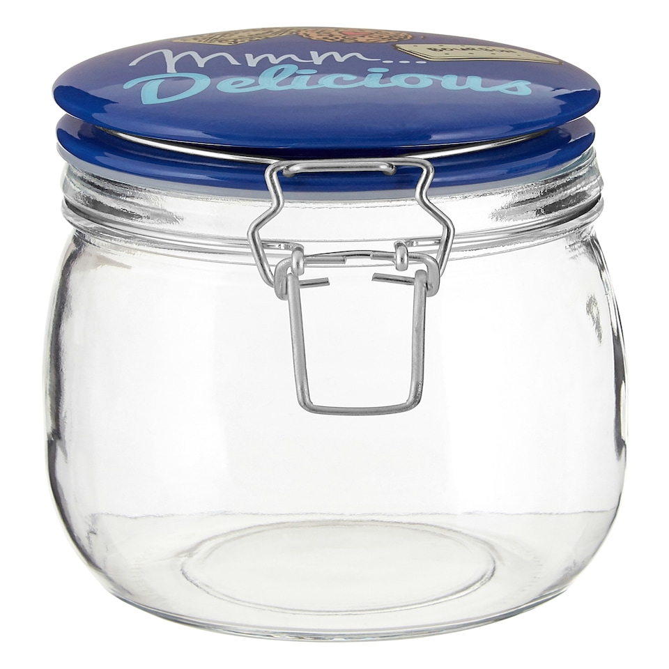image 1 of Interiors By Premier Pretty Things Glass Jar 750ml, Clear Glass Storage Jar with Blue Ceramic Clip Top Lid