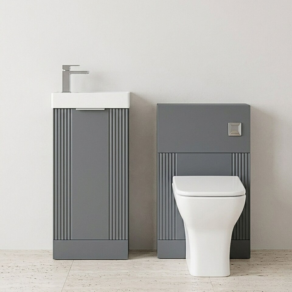 image 1 of Balterley Cloakroom Suite - Floor Standing Basin Unit, Toilet & Tap | Grey | Satin Grey | 781.0000 x 400.0000 x 222.0000mm