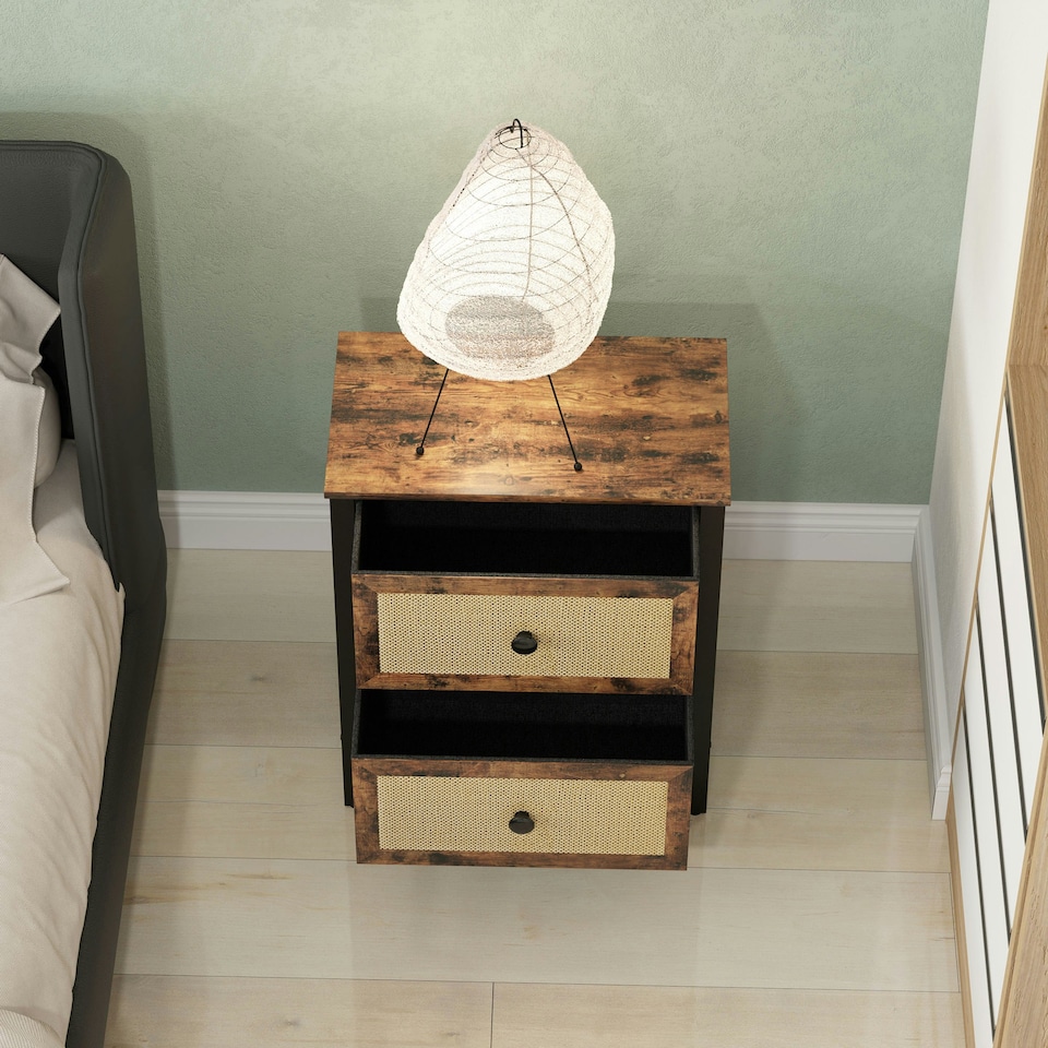 image 1 of HOMCOM Bedside Table with 2 Rattan Drawers and Steel Legs, Rustic Brown