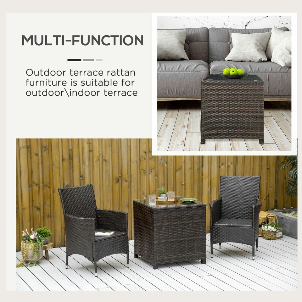 image 1 of Outsunny Side Table Furniture Tempered Glass Garden Patio Wicker Brown