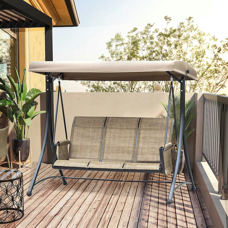 image 1 of Outsunny 3 Seat Metal Fabric Balcony Patio Swing Chair Brown