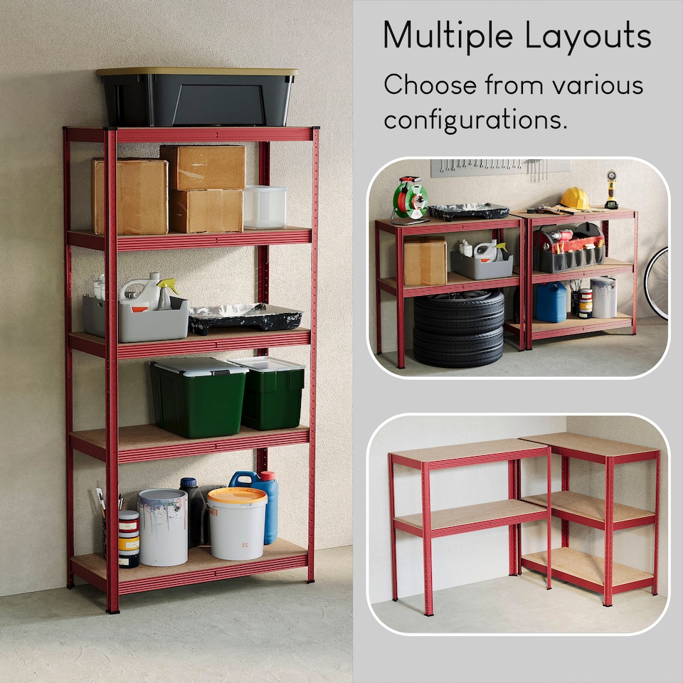 image 1 of Home Vida 5 Tier Large Heavy Duty Garage Shelves Adjustable Steel Shelving Storage Units - Red - Holds Upto 875kg Per Bay - 4 Bays