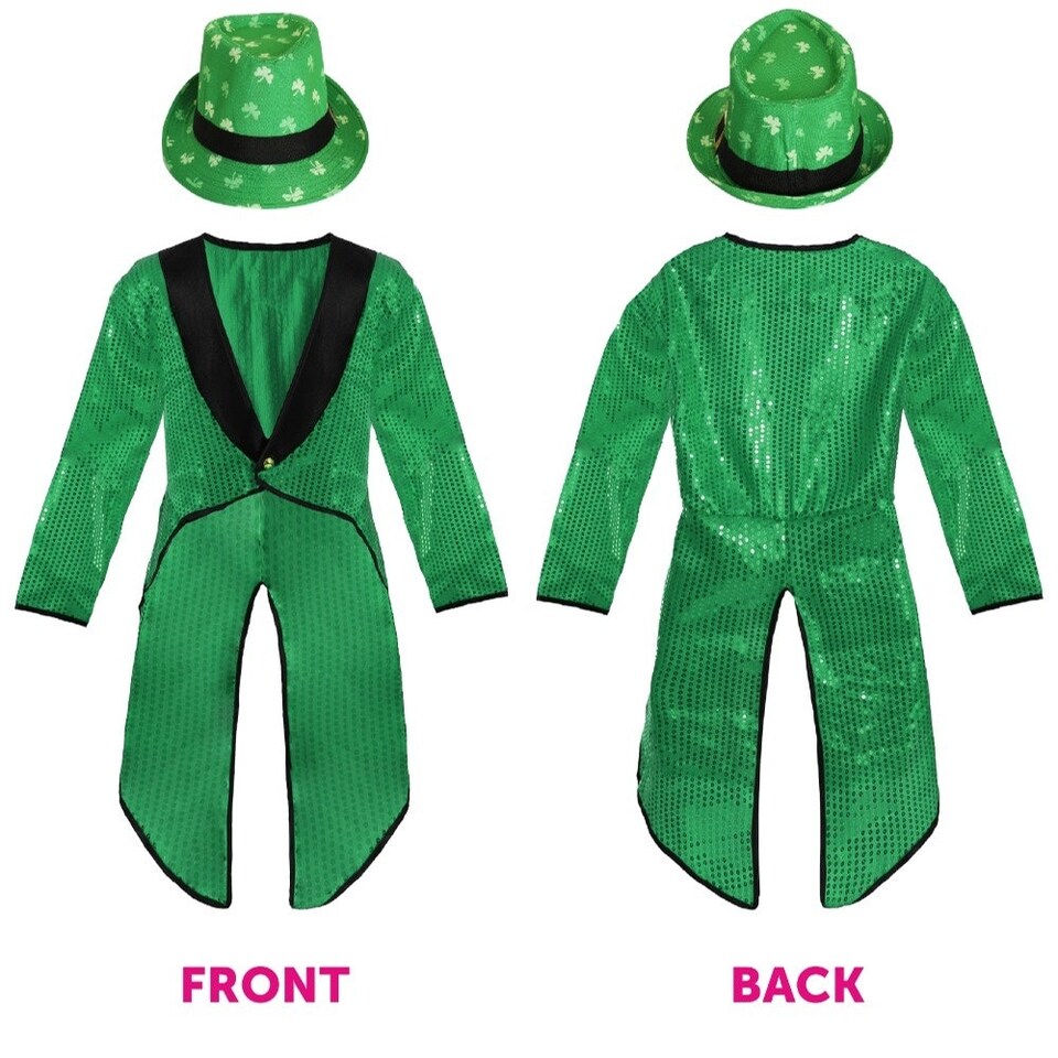 image 1 of Irish Leprechaun Sequin Costume with Trilby Hat Green | 2XL