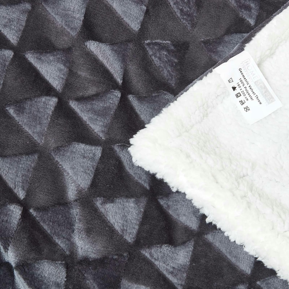 image 1 of Homescapes Dark Grey Geometric Triangle Velvet Throw - 200 x 230 cm | Grey | 1