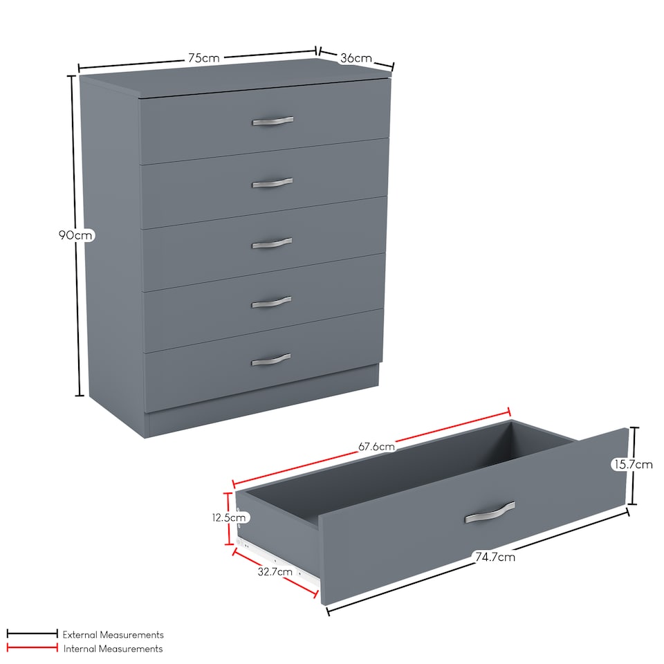 image 1 of Vida Designs Riano 3 Piece Bedroom Set (1 Drawer Bedside Chest, 5 Drawer Chest, 2 Door Wardrobe) Grey (4)