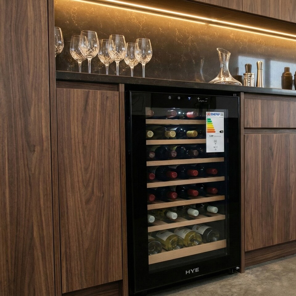image 1 of HYE 88L Wine Cooler 28 Bottles, 43cm, Touch Controls, LED Lights, Black, Wooden Shelves - RF01WC28B31