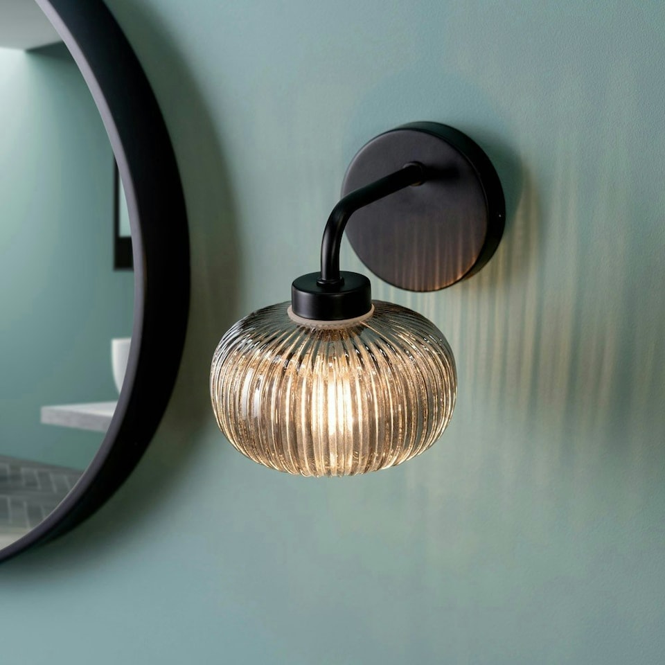image 1 of ValueLights Amaia Matte Black IP44 Rated Single Smoked Ribbed Glass Wall Light with LED Bulb