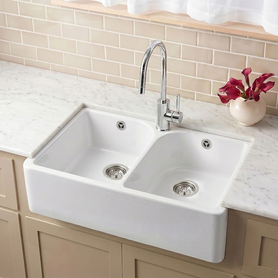 image 1 of Balterley Fireclay Double Bowl Full Weir Butler Kitchen Sink, Overflow & Tap Hole | White | White | 1