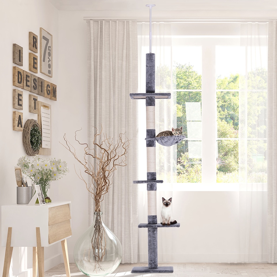 image 1 of PawHut Floor to Ceiling Cat Tree 5-Tier Climbing Tower Scratching Post