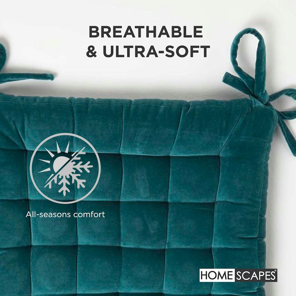 image 1 of Homescapes Teal Green Quilted Velvet Chair Pad - 40 x 40 cm Green