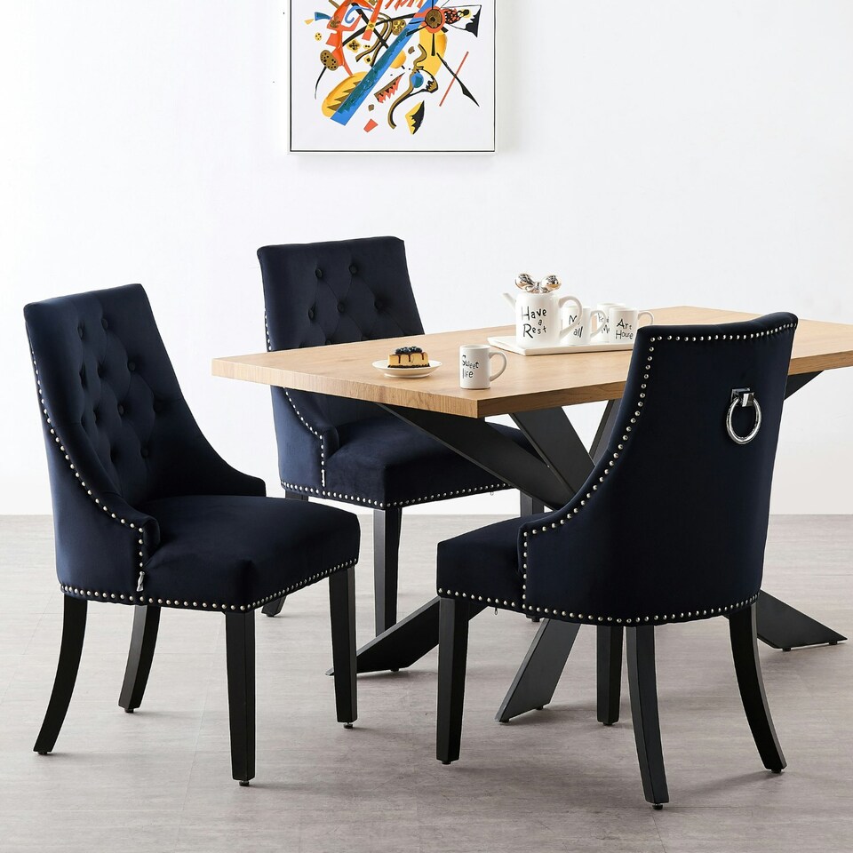 image 1 of Single Velvet Dining Chair Ergonomic Scoop Knockerback & Button Tufted Wood Legs Black