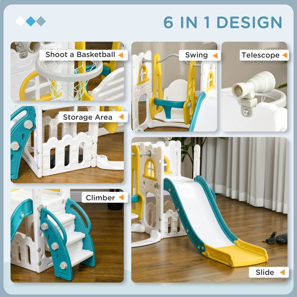 image 1 of AIYAPLAY 6-in-1 Toddler Climber and Set w/ Basketball Hoop, Telescope Yellow
