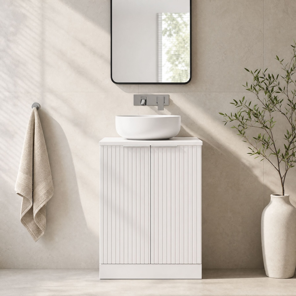 image 1 of Callingwood Contemporary Floor Standing 2 Door Vanity Unit with Laminate Worktop , 600mm, Matt White