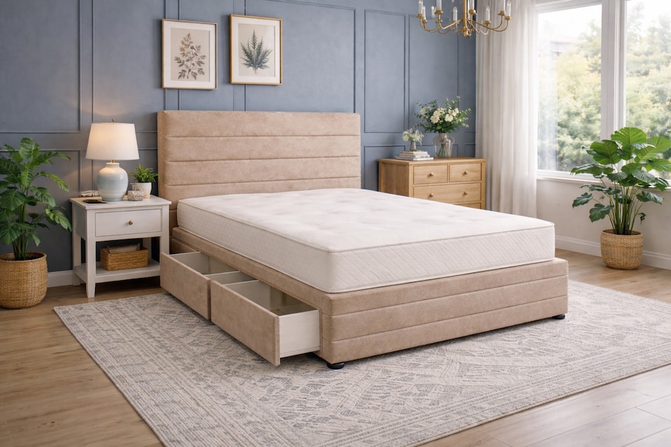 image 1 of Divan Bed Set Headboard and Footboard with Mattress 2ft6 Small Single Beige Suede Storage 2 Drawers Right Side Laying in Bed