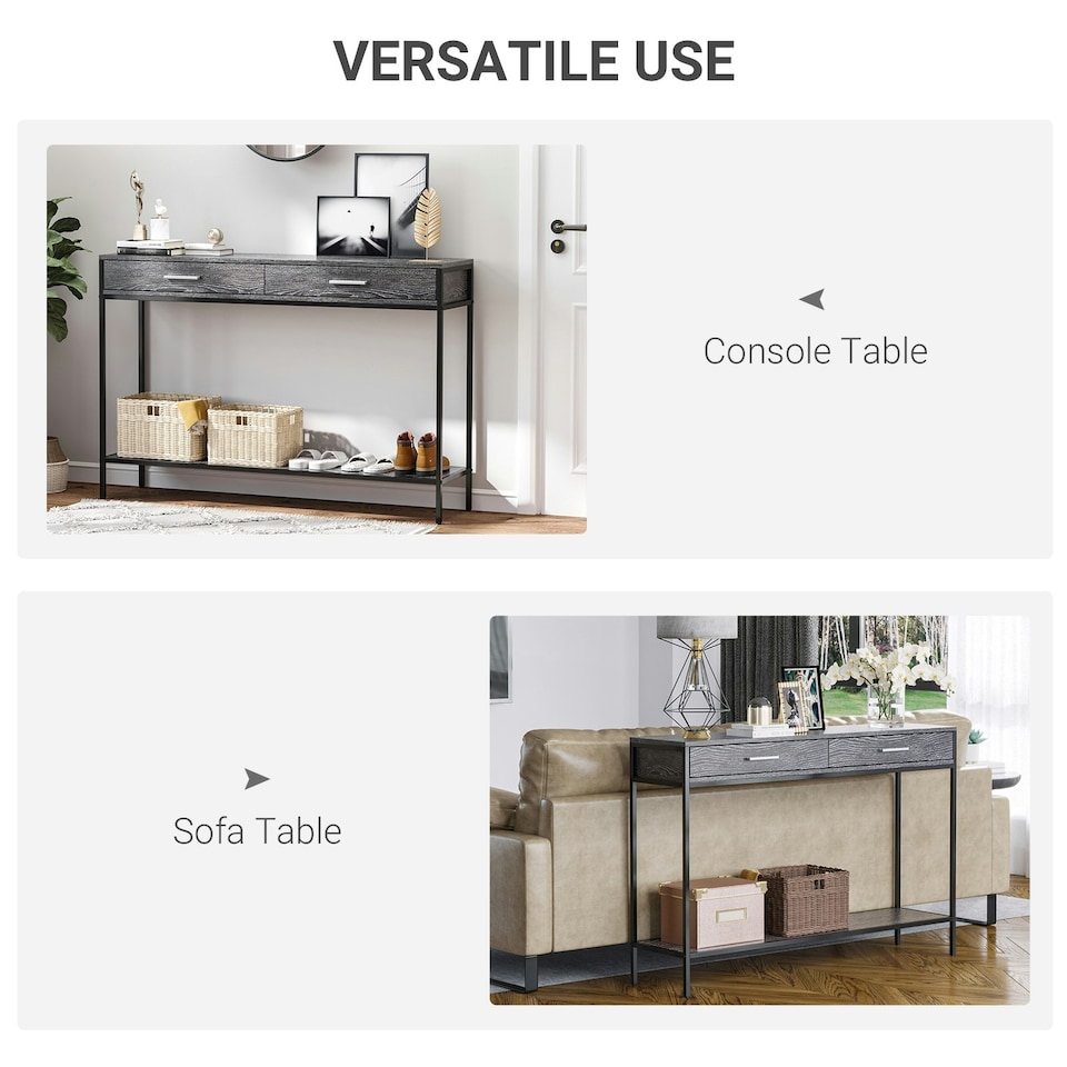 image 1 of HOMCOM Console Table Worktop Bottom Shelf 2 Drawer Industrial Minimal Style Grey