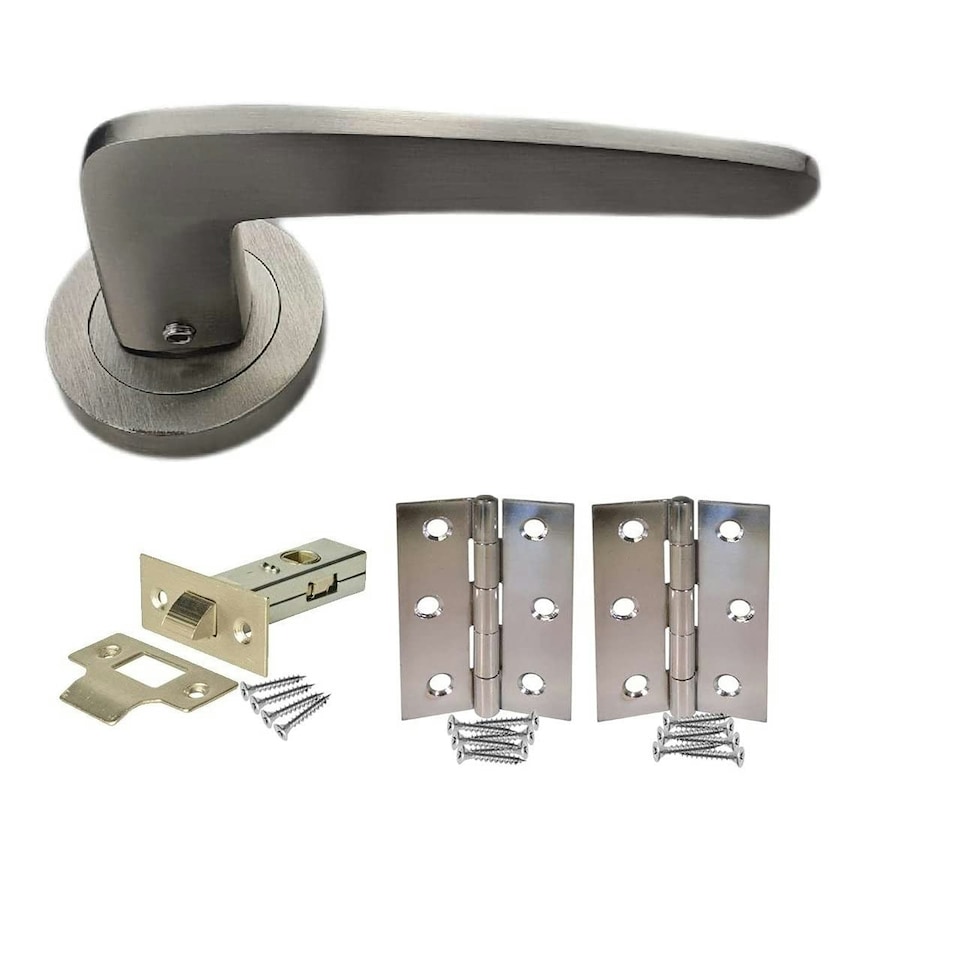 Golden Grace 1 Pair Venus Design Door Handles on Round Rose in Satin Stainless Steel Finish with Hinges and Tubular Latch Grey