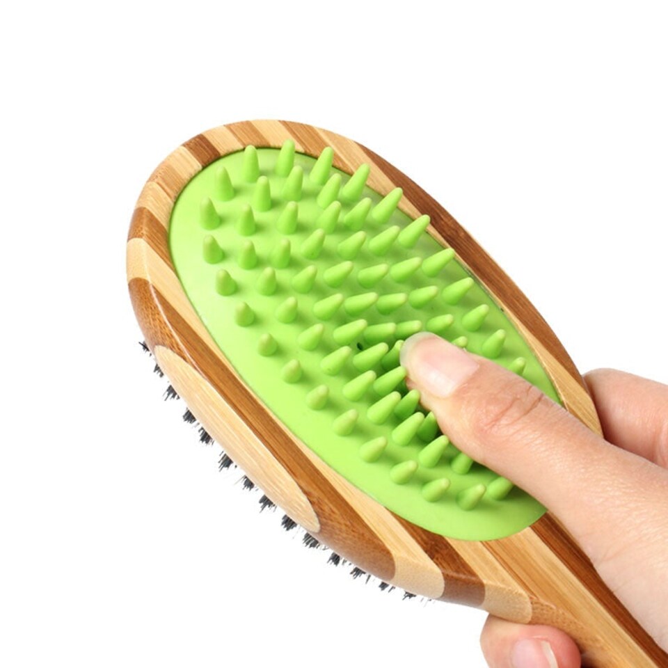 image 1 of Double Sided Bamboo Dog Brush with Silicone Massager for Grooming