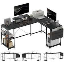 HOMCOM 168cm Reversible L Shaped Desk, Industrial Corner Computer Desk with Adjustable Shelf and Storage Bag, 240cm 2 Person PC Table with Monitor Stand, Black | Black