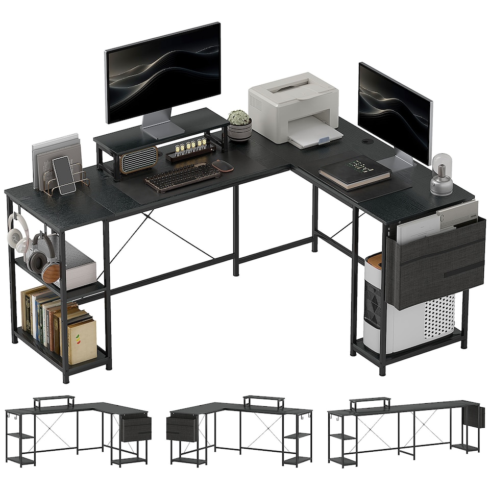 image 1 of HOMCOM 168cm Reversible L Shaped Desk, Industrial Corner Computer Desk with Adjustable Shelf and Storage Bag, 240cm 2 Person PC Table with Monitor Stand, Black | Black